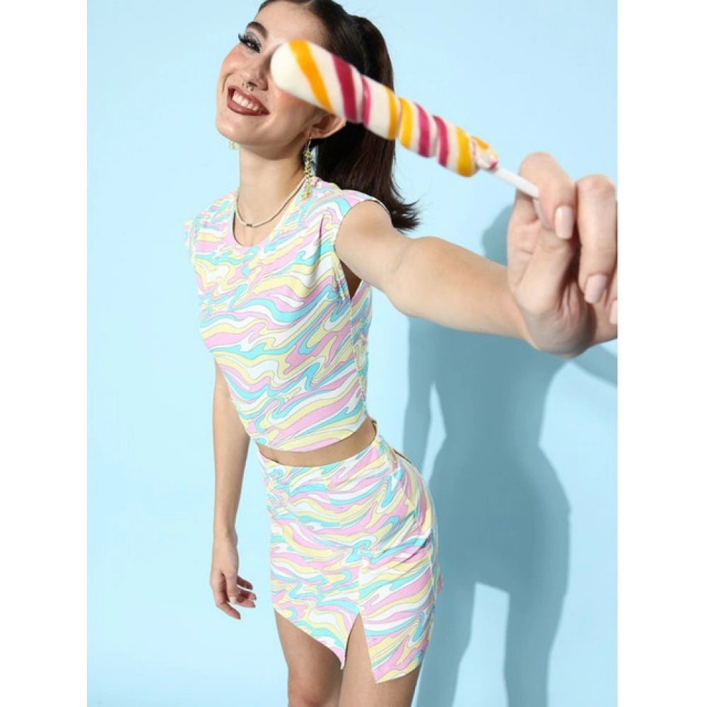 Women's Polyester Lycra Printed Cap Sleeve Co-Ord Set (Multicolor)