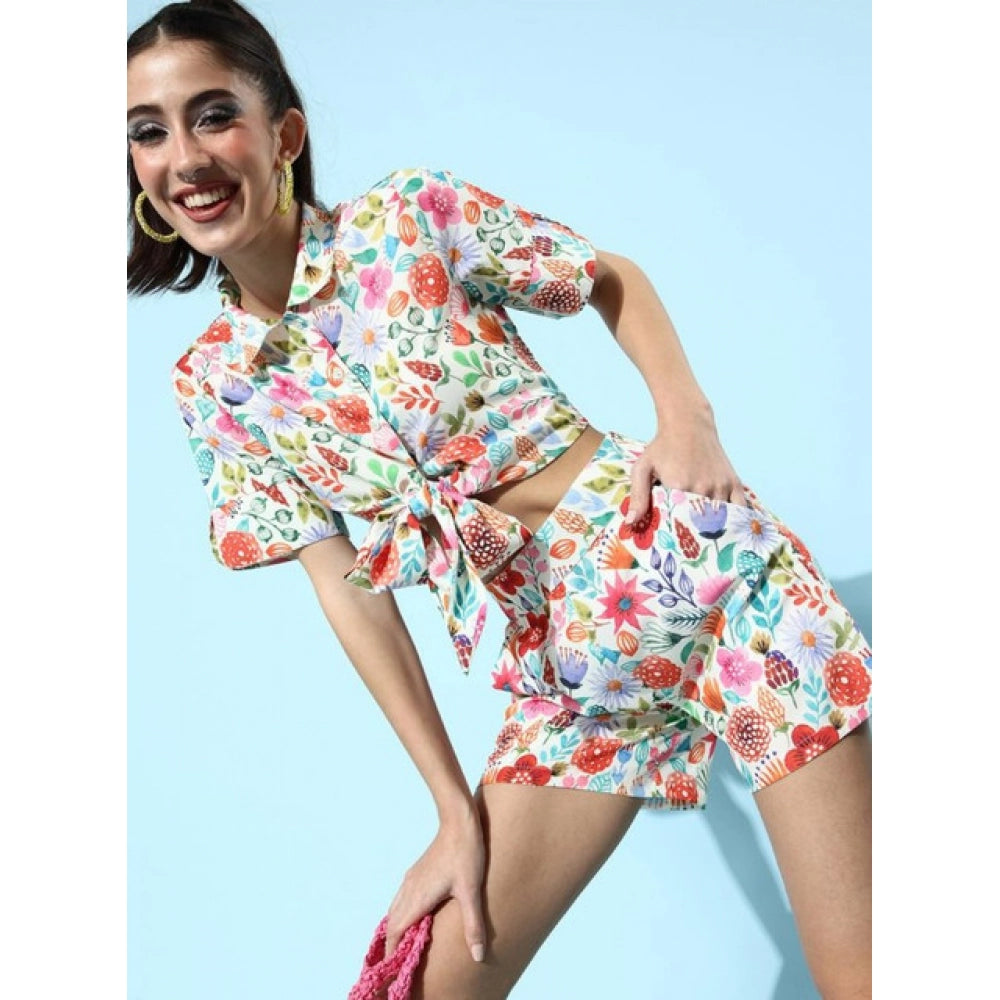 Women's Polyester Floral Short Sleeve Co-Ord Set (Multicolor)
