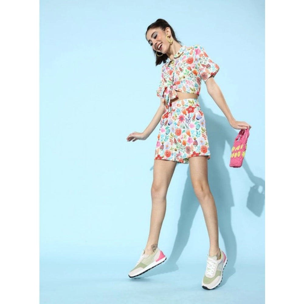 Women's Polyester Floral Short Sleeve Co-Ord Set (Multicolor)