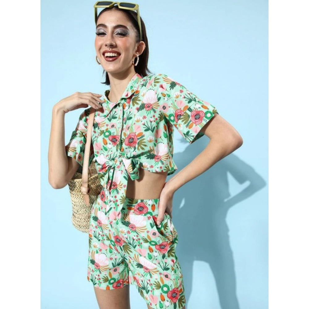 Women's Polyester Floral Short Sleeve Co-Ord Set (Multicolor)
