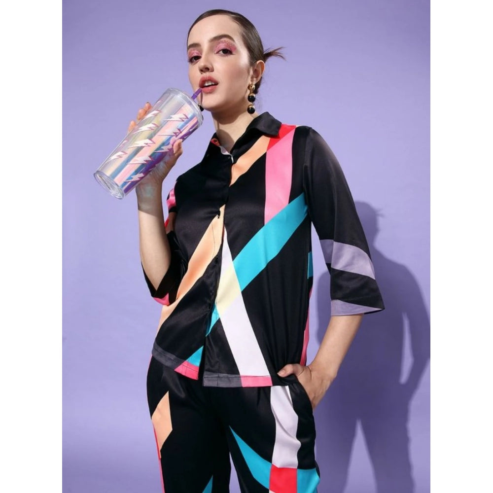 Women's Satin Colour Block Long Sleeves Co-Ord Set (Multicolor)