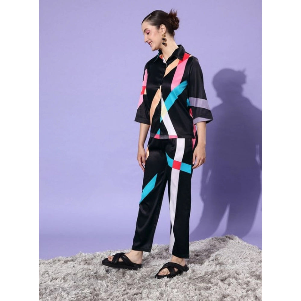 Women's Satin Colour Block Long Sleeves Co-Ord Set (Multicolor)