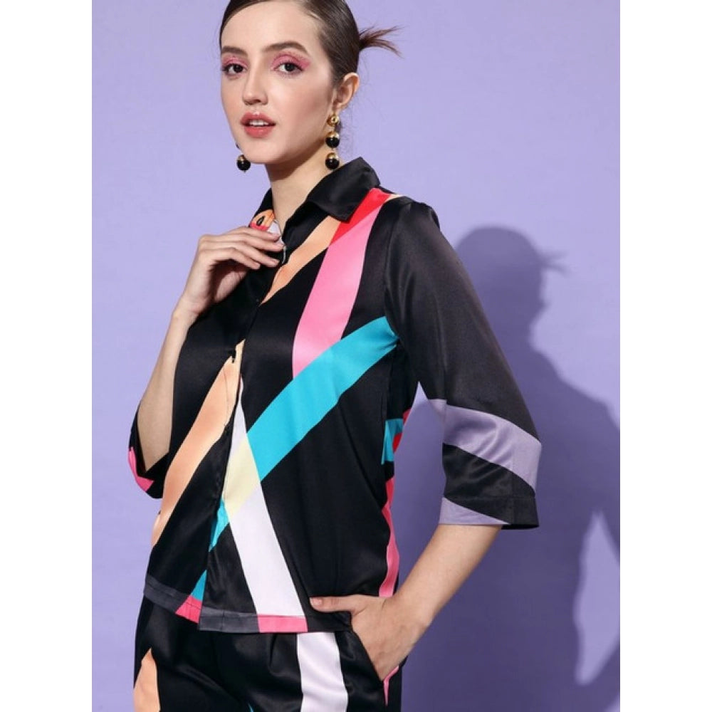 Women's Satin Colour Block Long Sleeves Co-Ord Set (Multicolor)