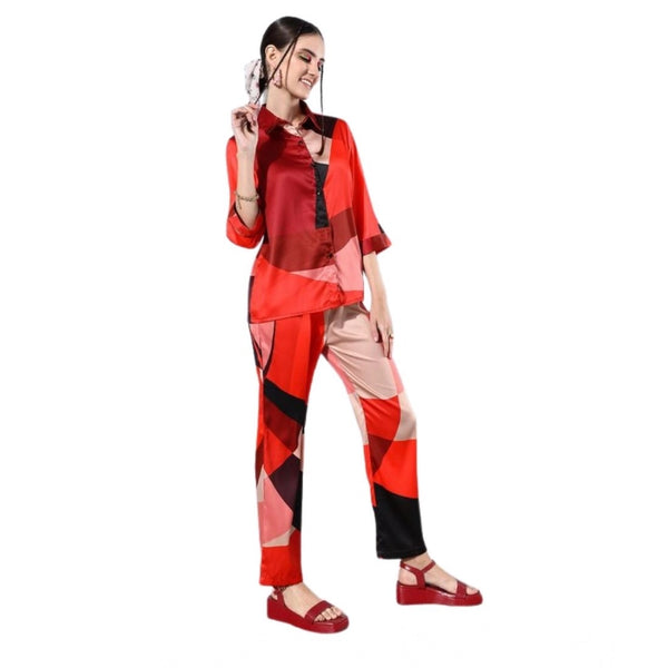 Women's Satin Colour Block Long Sleeves Co-Ord Set (Multicolor)