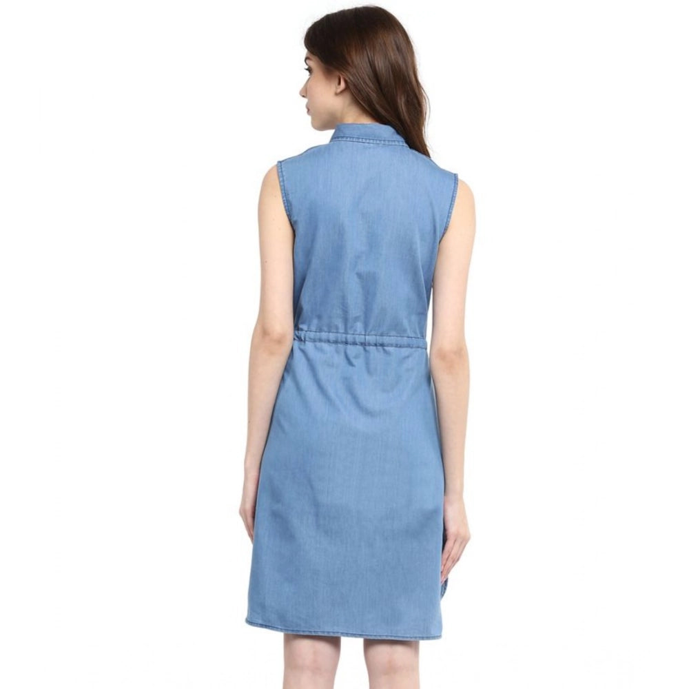 Women's Denim Solid Sleeveless Dress (Blue)
