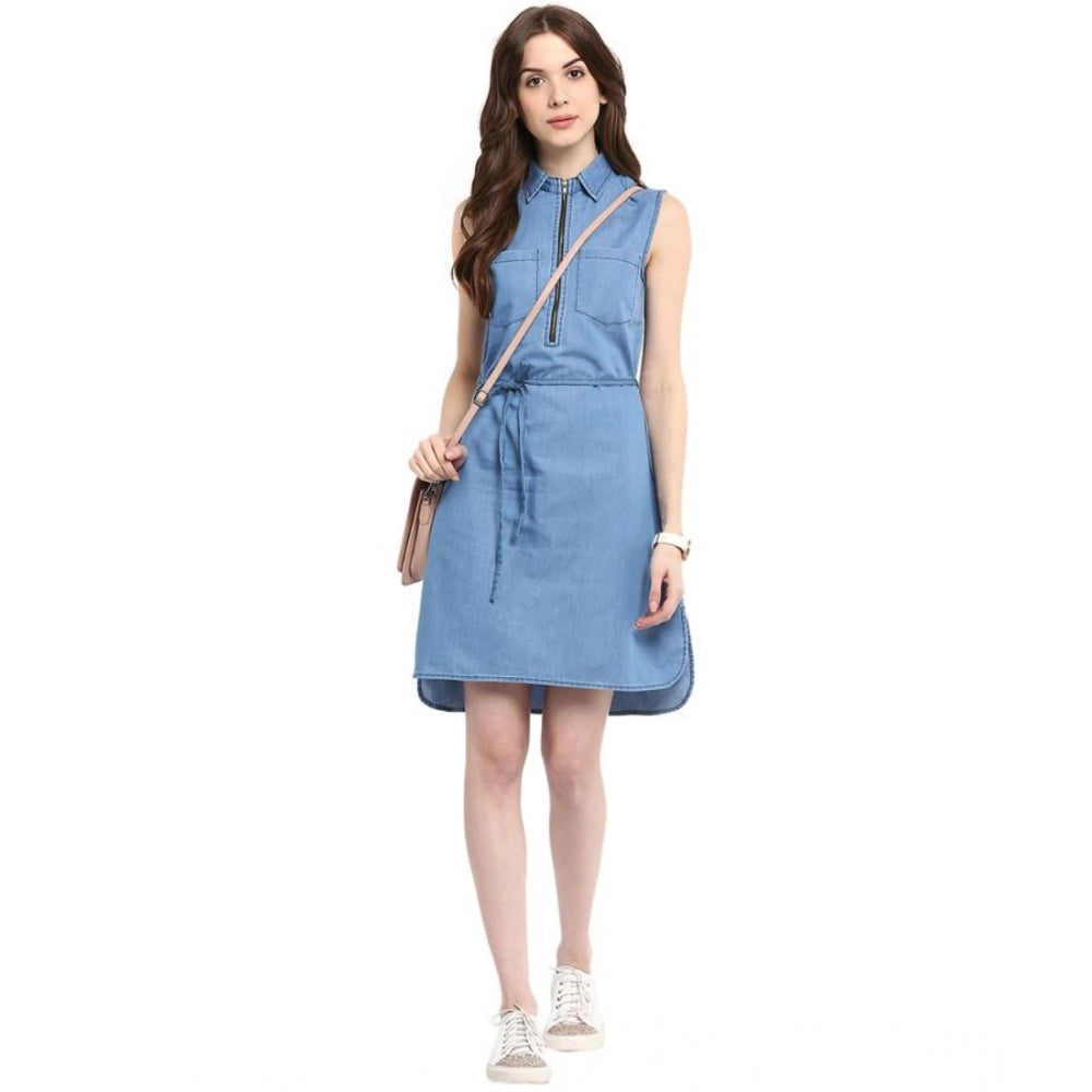 Women's Denim Solid Sleeveless Dress (Blue)