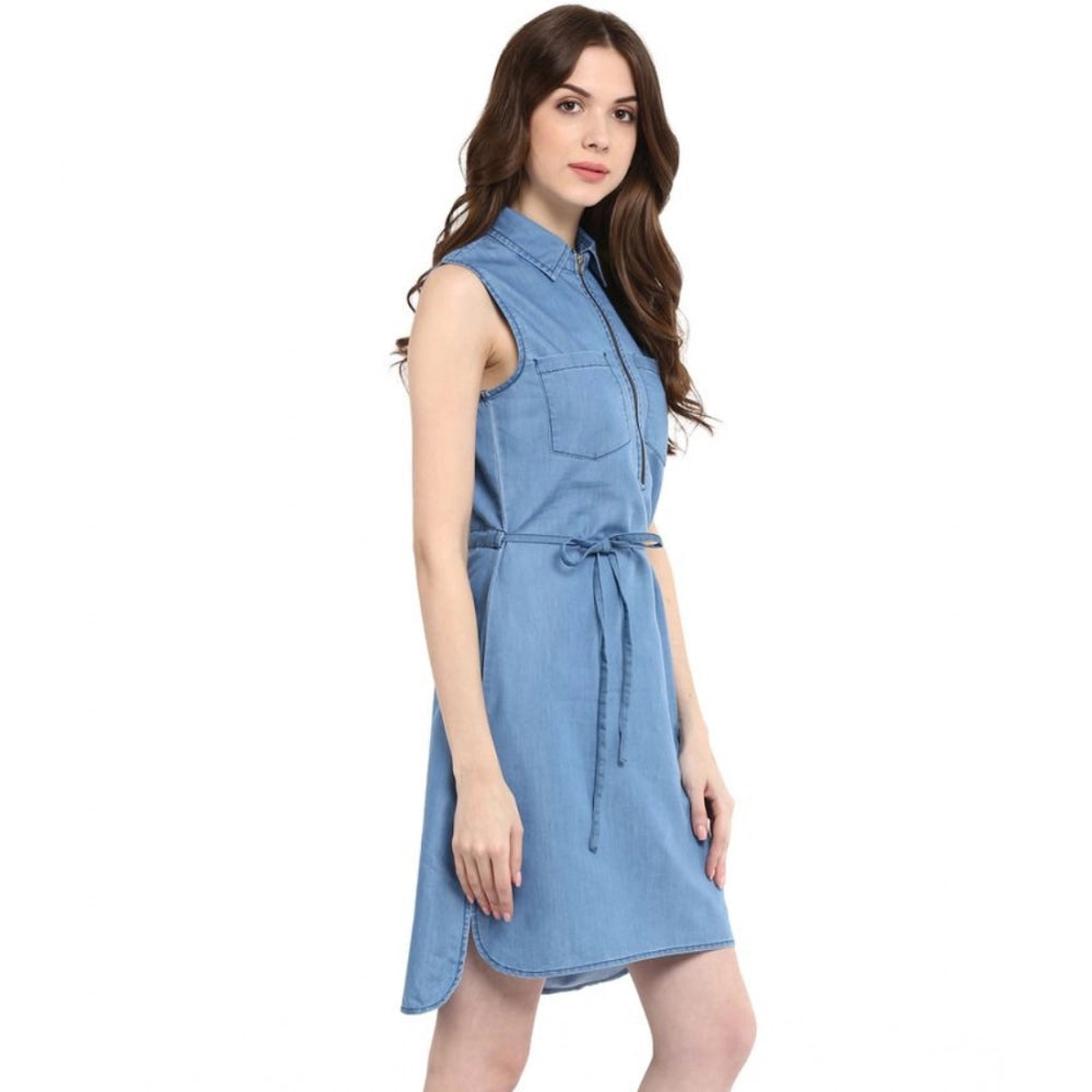 Women's Denim Solid Sleeveless Dress (Blue)