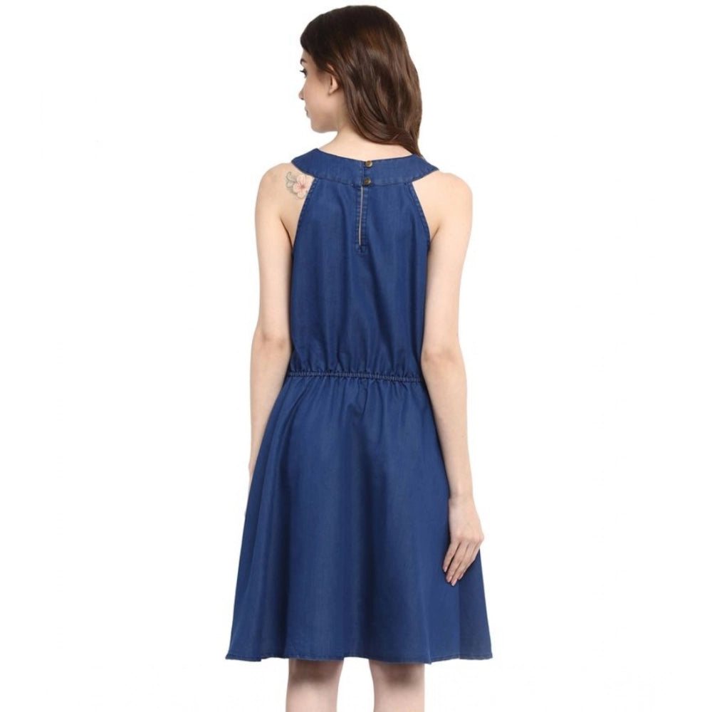 Women's Denim Solid Sleeveless Dress (Blue)