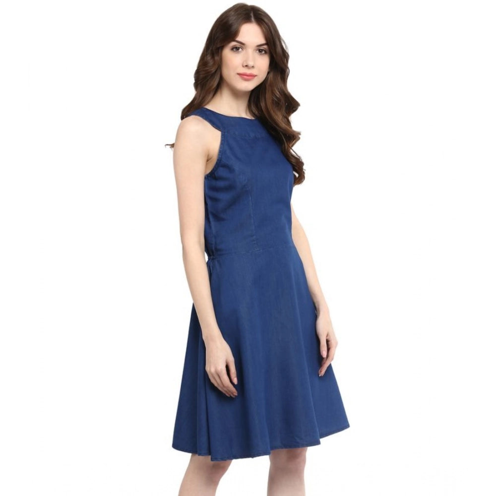 Women's Denim Solid Sleeveless Dress (Blue)