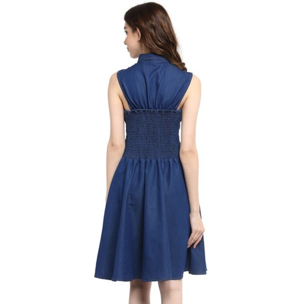 Women's Denim Solid Sleeveless Dress (Navy Blue)