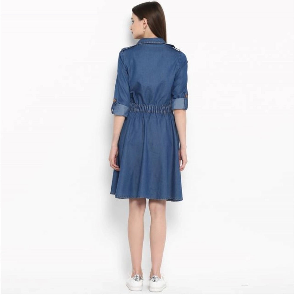 Women's Denim Solid Roll Up Sleeve Dress (Blue)