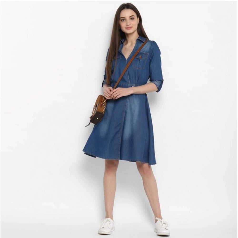 Women's Denim Solid Roll Up Sleeve Dress (Blue)