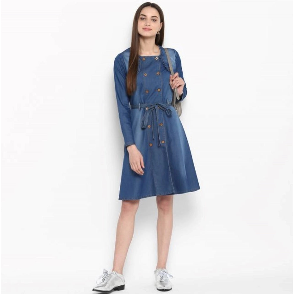 Women's Denim Washed Regular Sleeves Dress (Blue)
