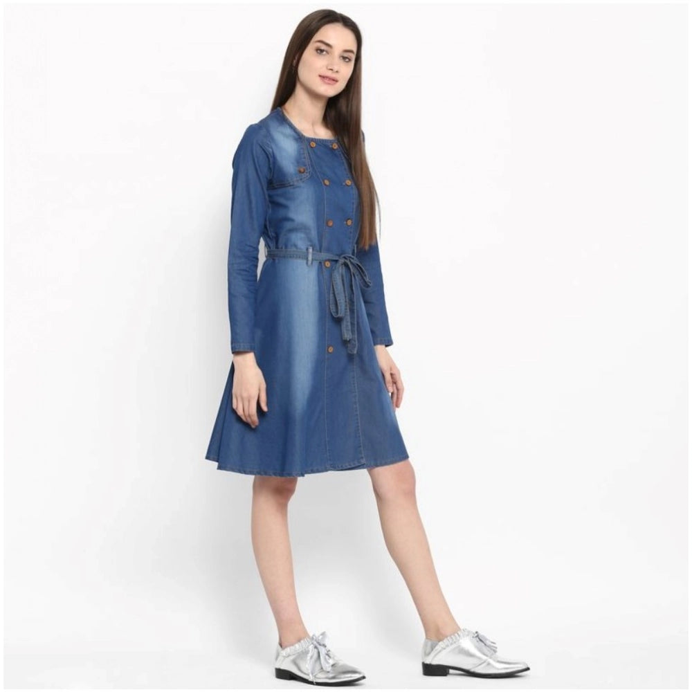 Women's Denim Washed Regular Sleeves Dress (Blue)