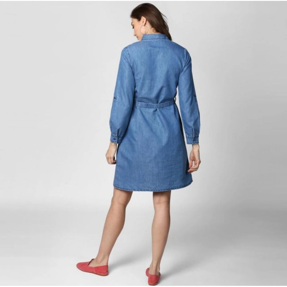 Women's Denim Solid Roll Up Sleeve Dress (Blue)