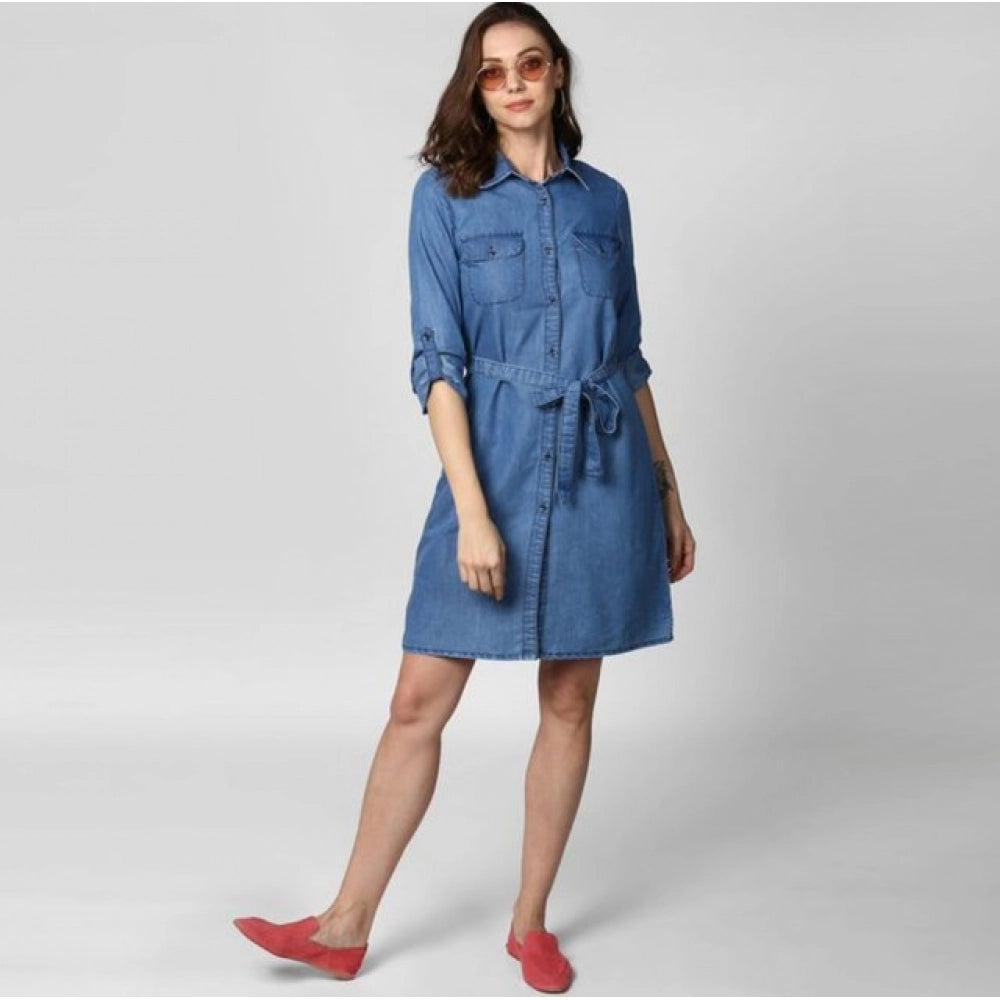 Women's Denim Solid Roll Up Sleeve Dress (Blue)