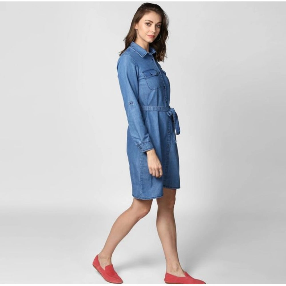 Women's Denim Solid Roll Up Sleeve Dress (Blue)