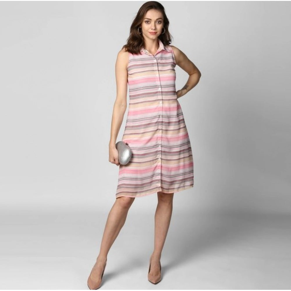 Women's Polyester Striped Sleeveless Dress (Pink)