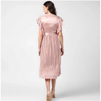 Women's Polyester Pleated Flutter Dress (Champagne Gold)