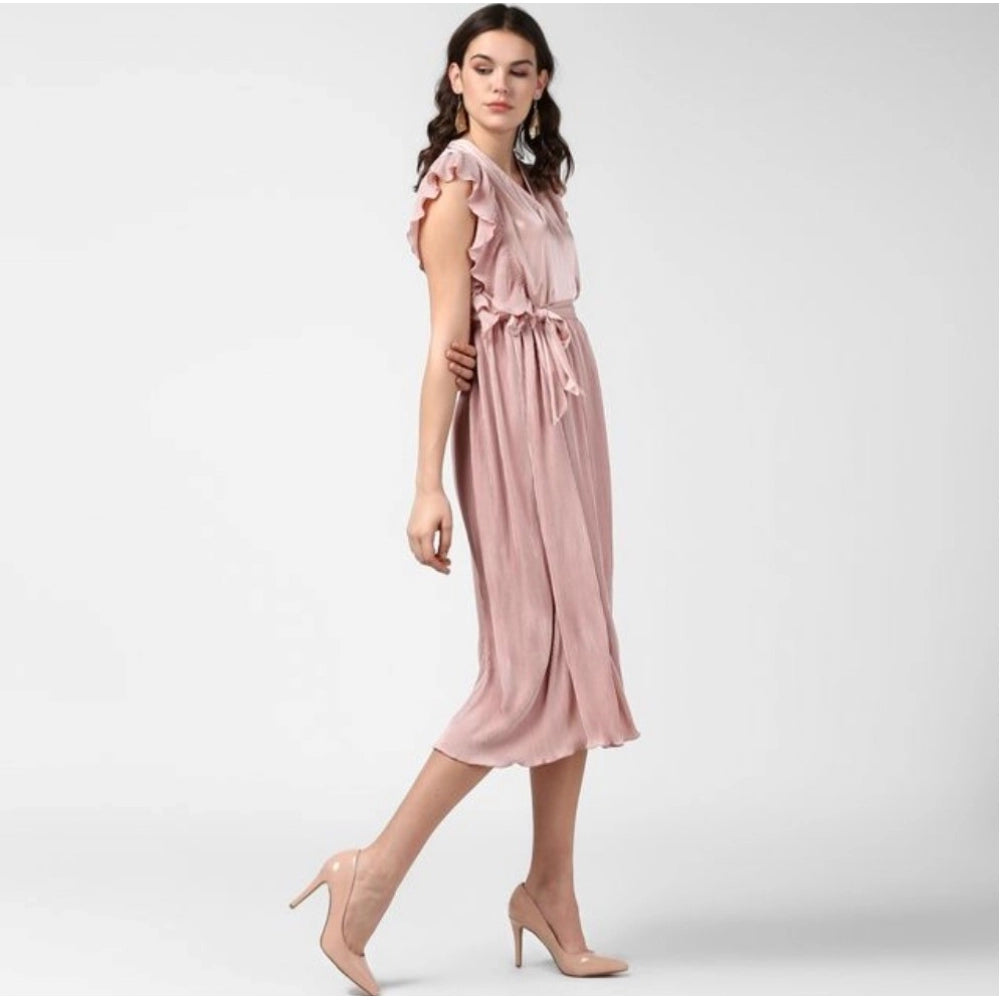 Women's Polyester Pleated Flutter Dress (Champagne Gold)