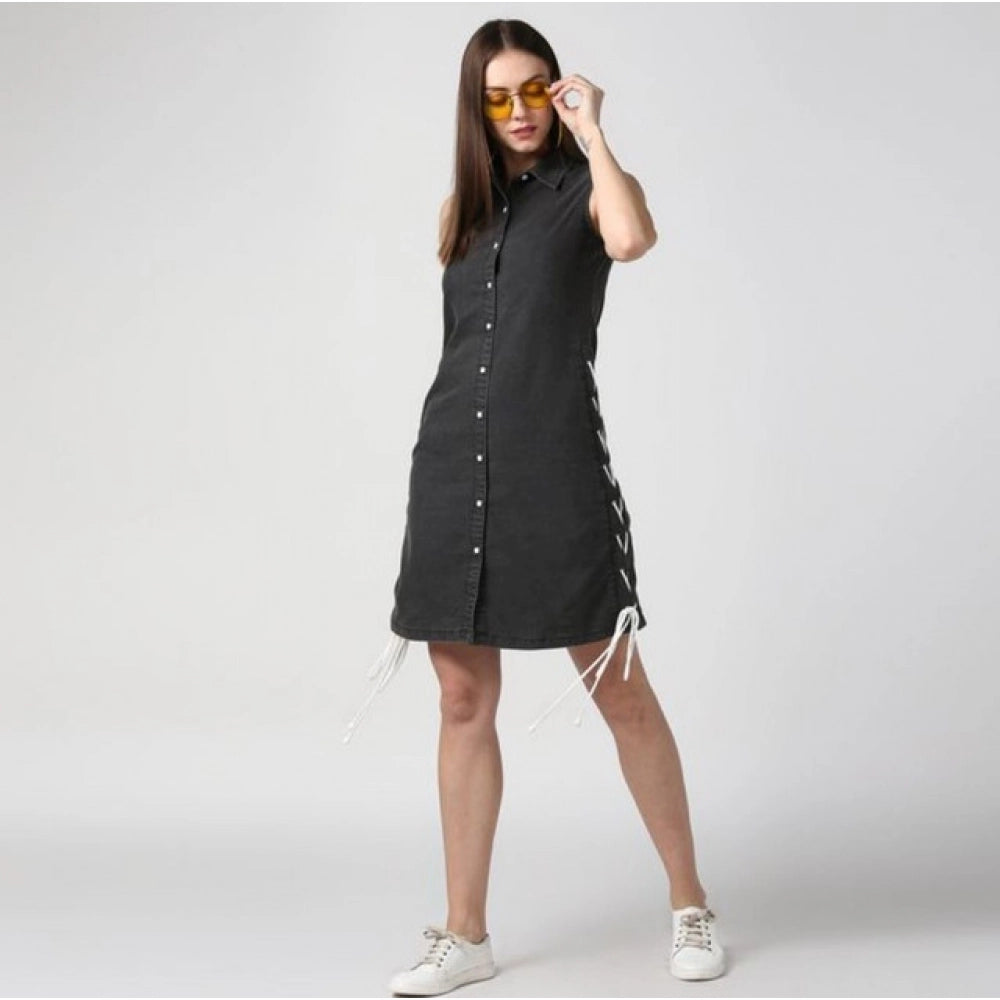 Women's Denim Solid Sleeveless Dress (Black)
