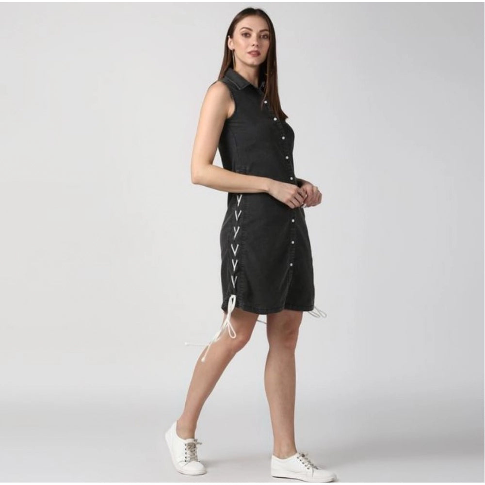 Women's Denim Solid Sleeveless Dress (Black)