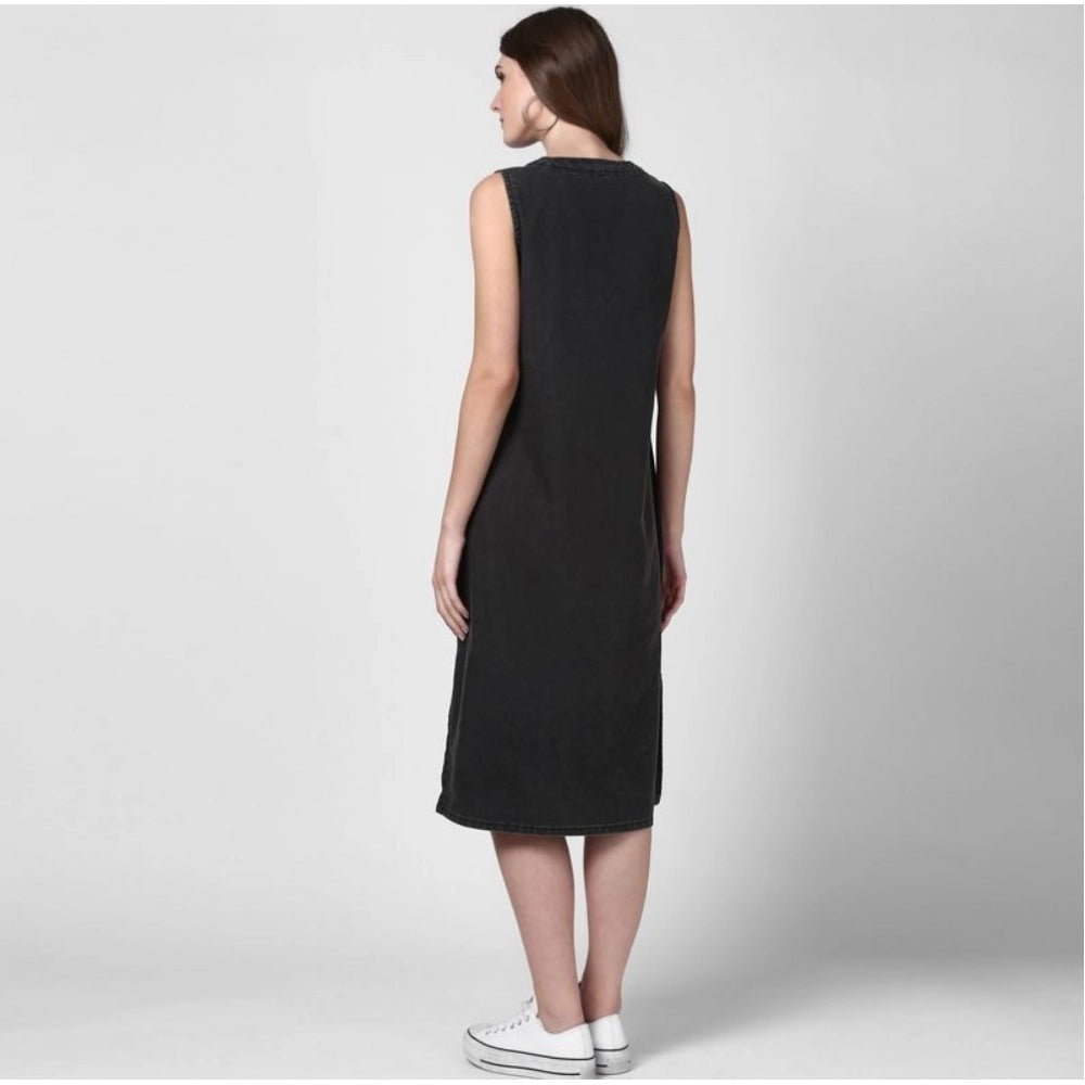 Women's Denim Solid Sleeveless Dress (Black)