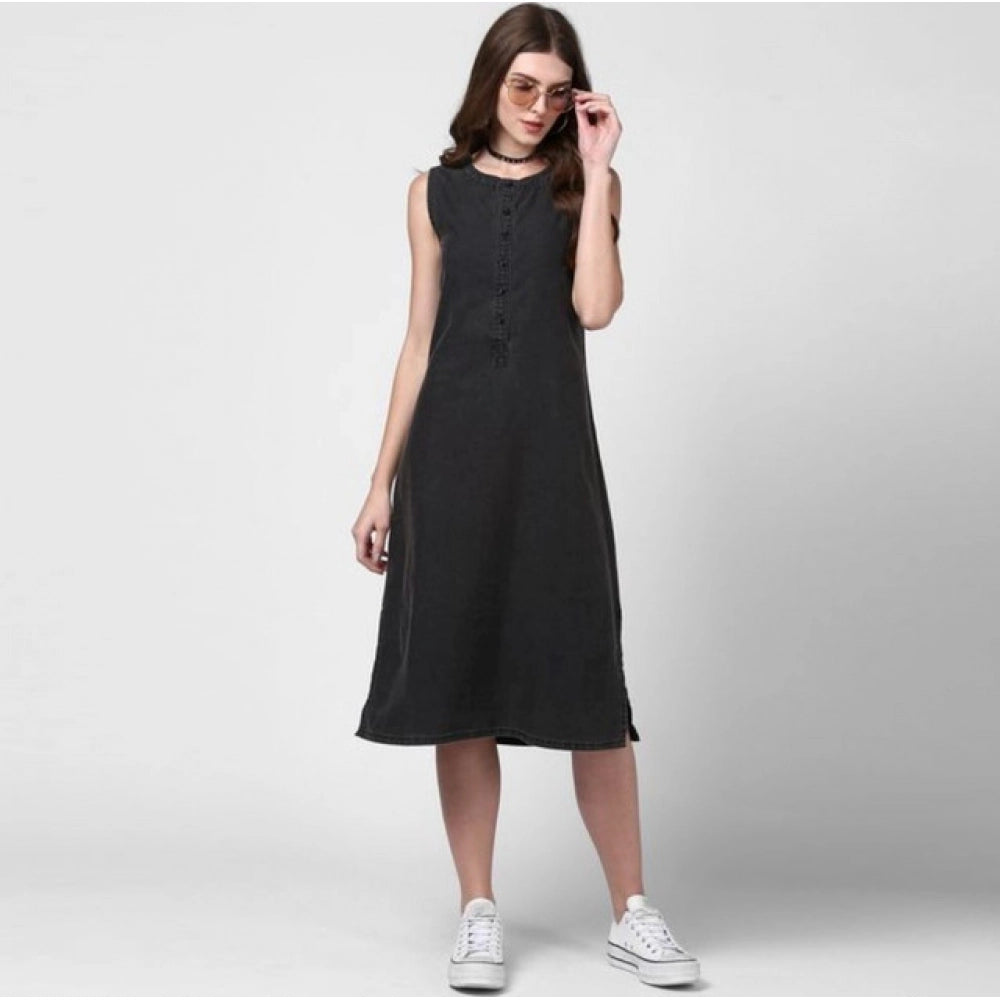 Women's Denim Solid Sleeveless Dress (Black)