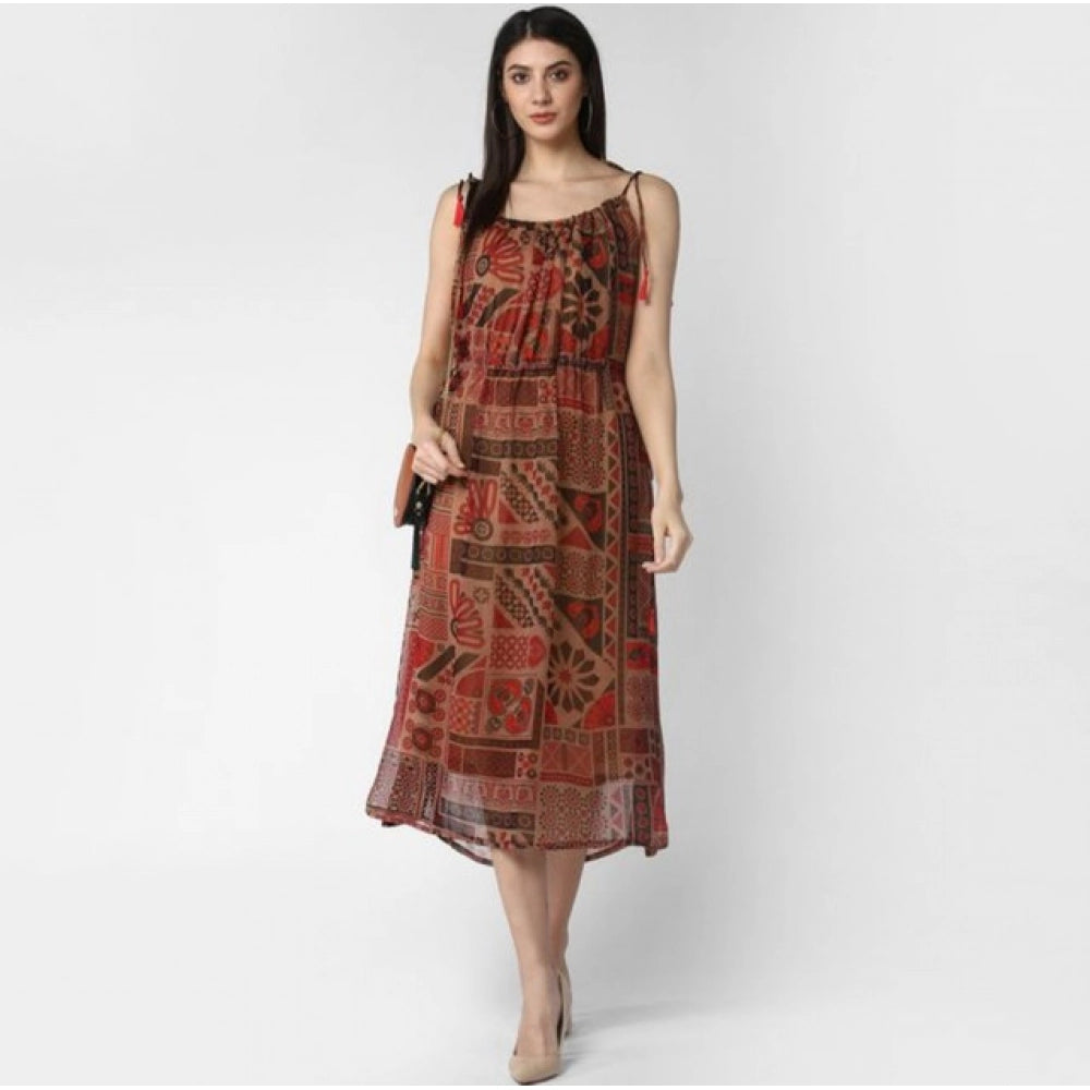Women's Polyester Printed Shoulder Straps Dress (Maroon - Brown)