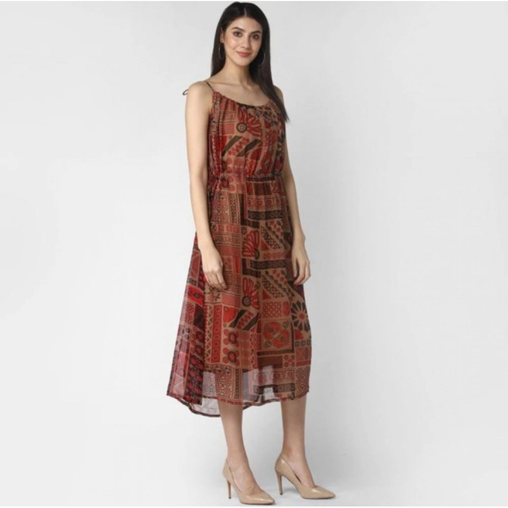 Women's Polyester Printed Shoulder Straps Dress (Maroon - Brown)