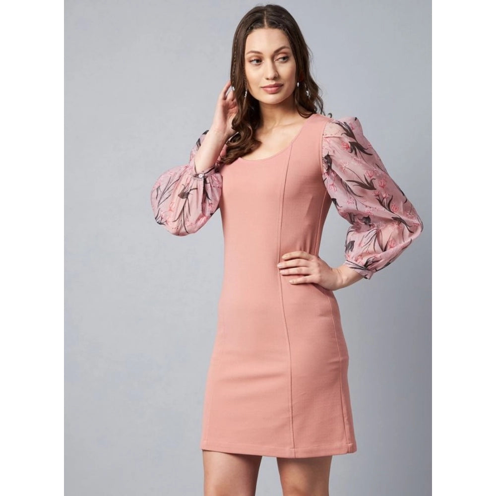 Women's Polyester Lycra And Organza Floral Balloon Sleeve Dress (Pink)