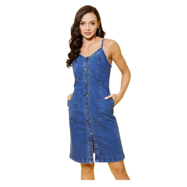 Women's Denim Washed Shoulder Straps Dress (Blue)