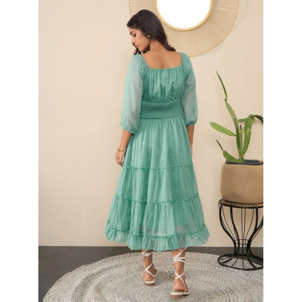 Women's Chiffon Solid Puff Sleeve Dress (Green)