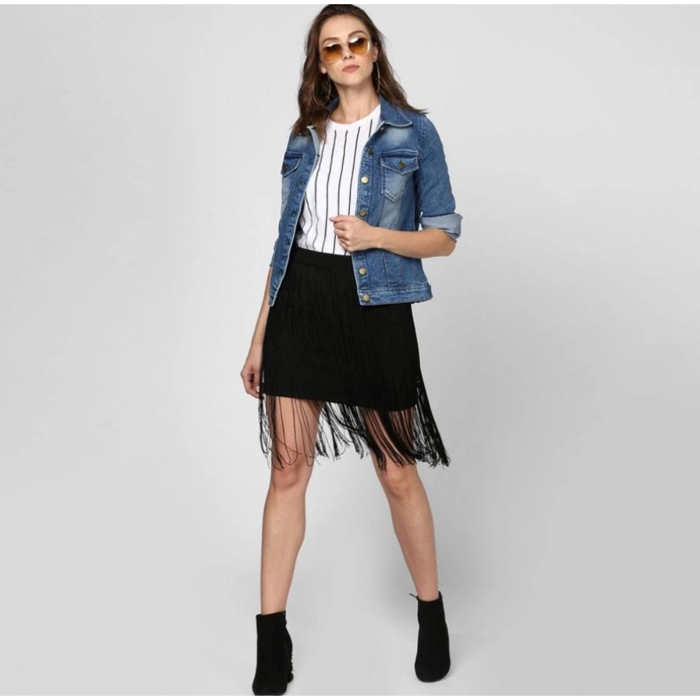 Women's Denim Washed Long Sleeves Jacket (Blue)
