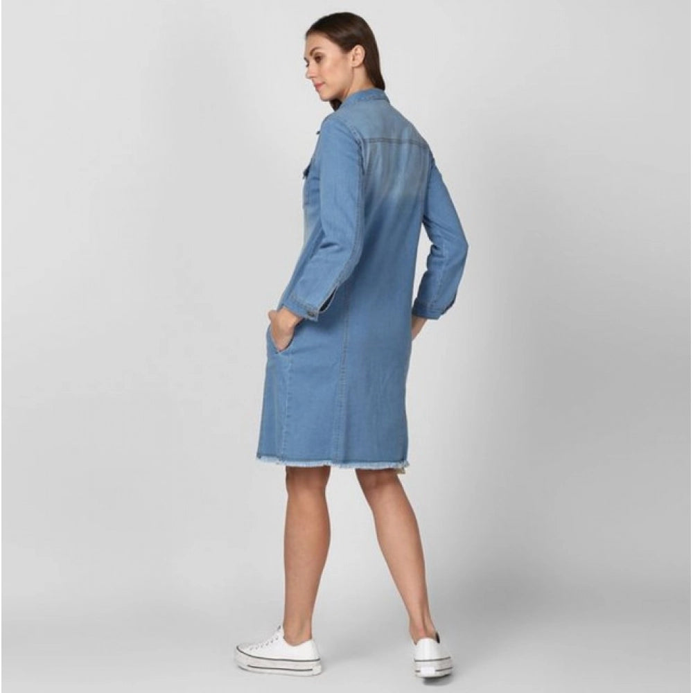 Women's Denim Washed Long Sleeves Jacket (Blue)