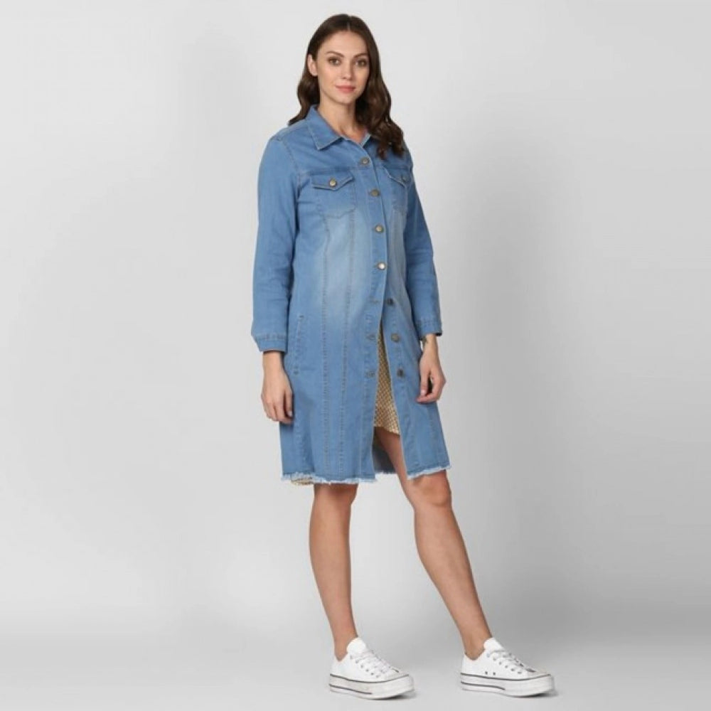 Women's Denim Washed Long Sleeves Jacket (Blue)