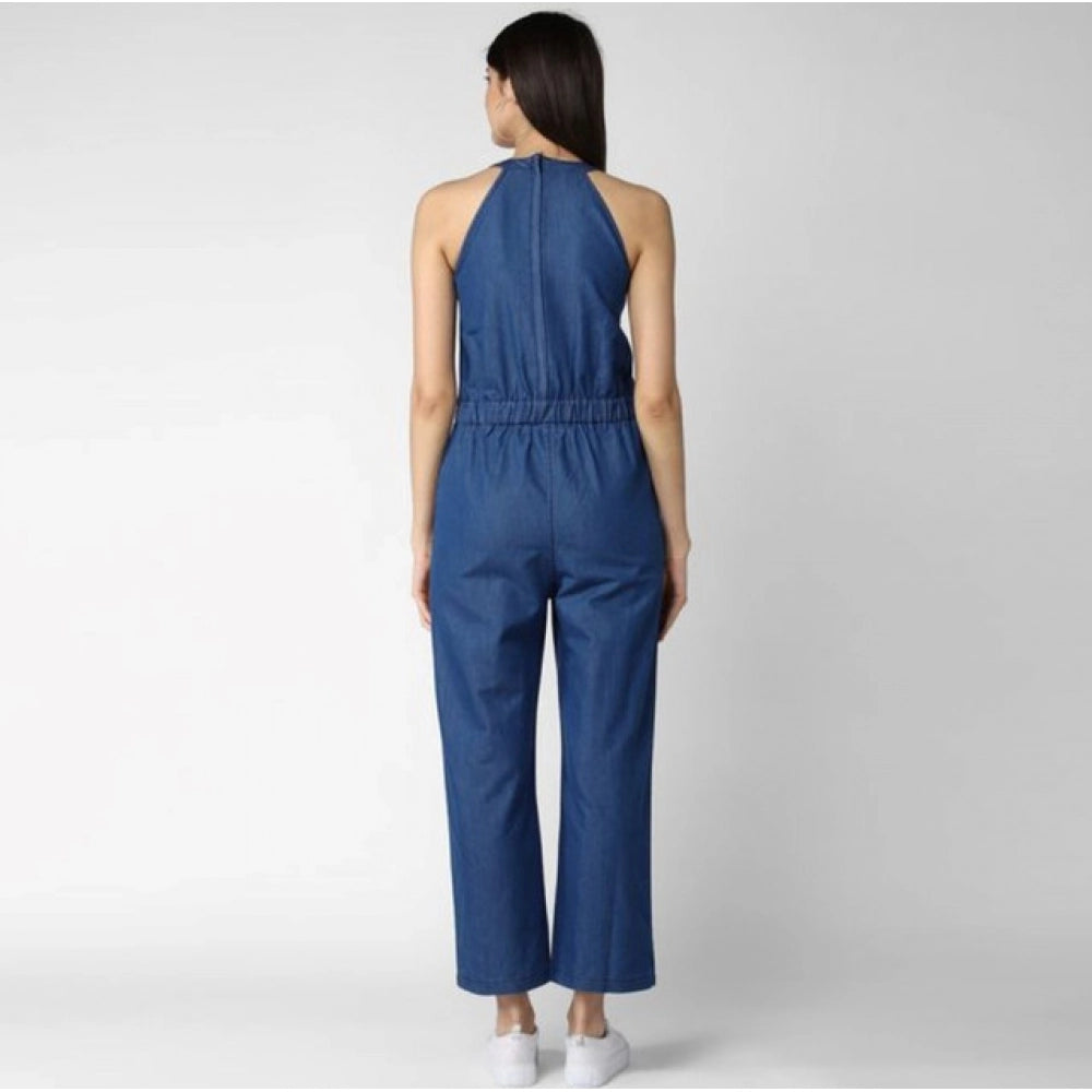 Women's Denim Solid Sleeveless Jumpsuit (Blue)