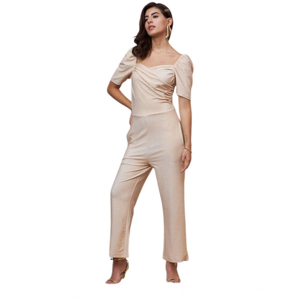 Women's Polyester Shimmer Self Design Short Sleeve Jumpsuit (Gold)