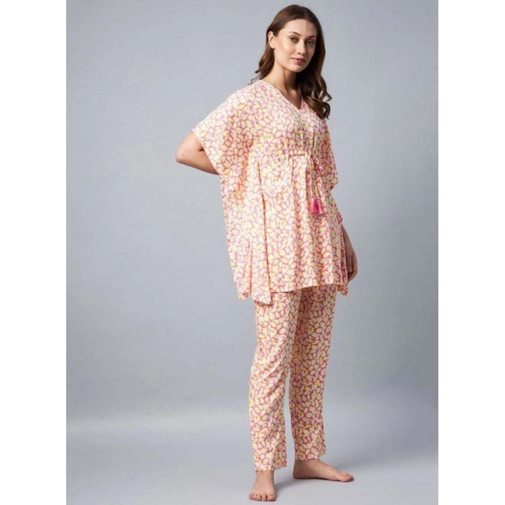 Women's Rayon Tie And Dye Kaftan Sleeve Night Suit (Multicolor)