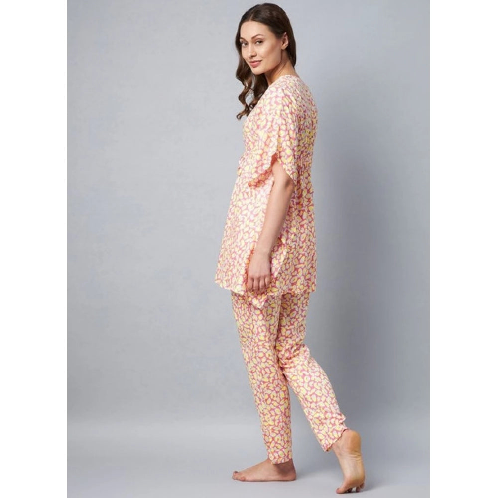 Women's Rayon Tie And Dye Kaftan Sleeve Night Suit (Multicolor)