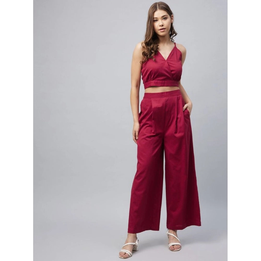 Women's Cotton Linen Solid Sleeveless Crop Top and Palazzo Set (Maroon)