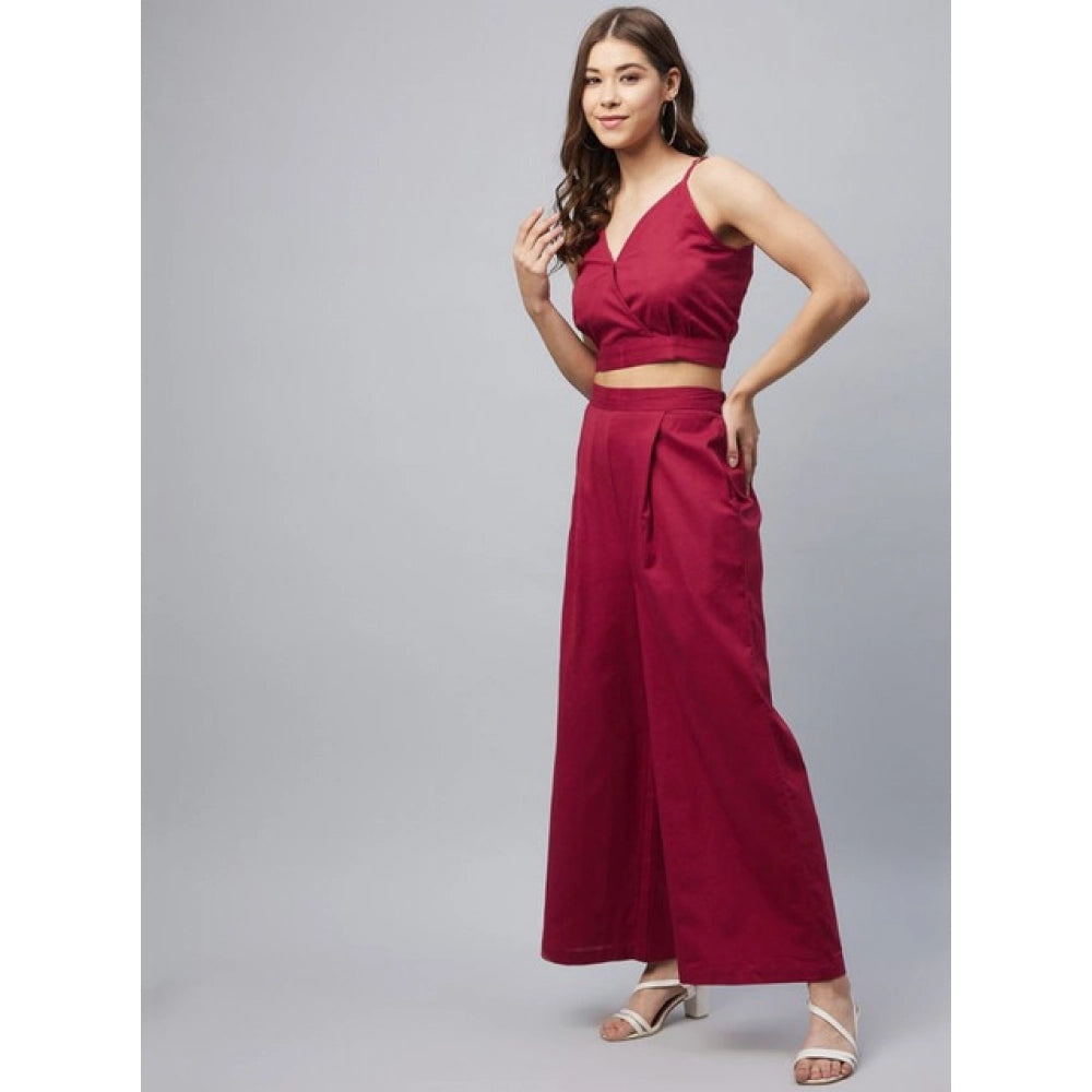 Women's Cotton Linen Solid Sleeveless Crop Top and Palazzo Set (Maroon)