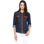 Women's Denim Cotton based Solid Long Sleeves Shirt (Blue)
