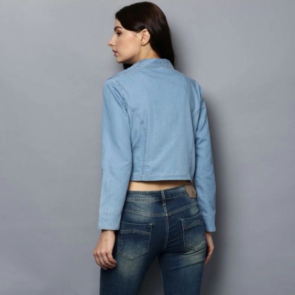Women's Denim Solid 3-4th Sleeves Shrug (Blue)