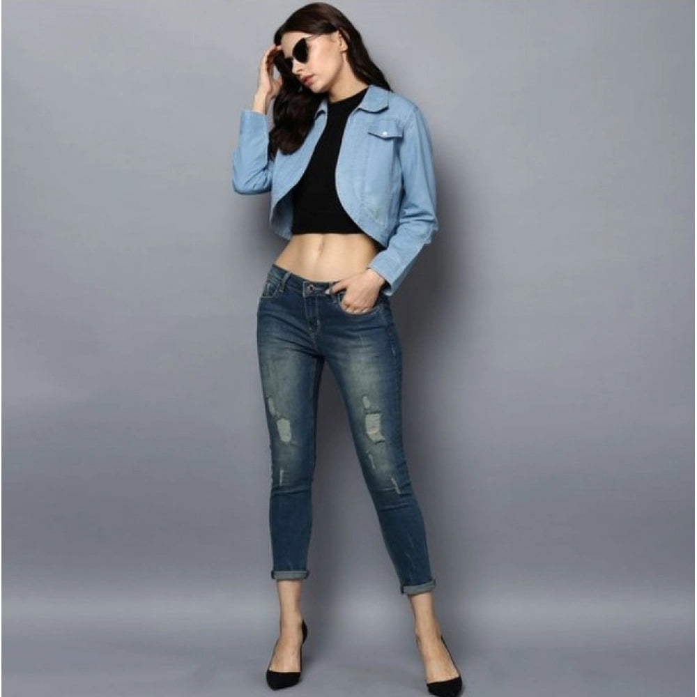 Women's Denim Solid 3-4th Sleeves Shrug (Blue)