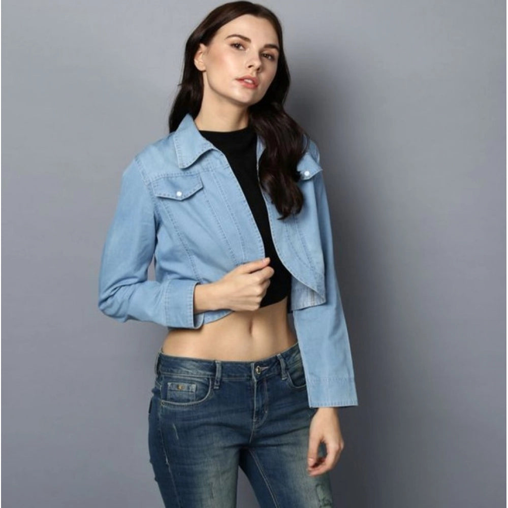 Women's Denim Solid 3-4th Sleeves Shrug (Blue)