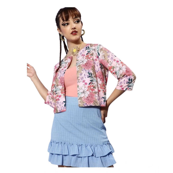 Women's Polyester Floral 3-4th Sleeves Shrug (Peach)