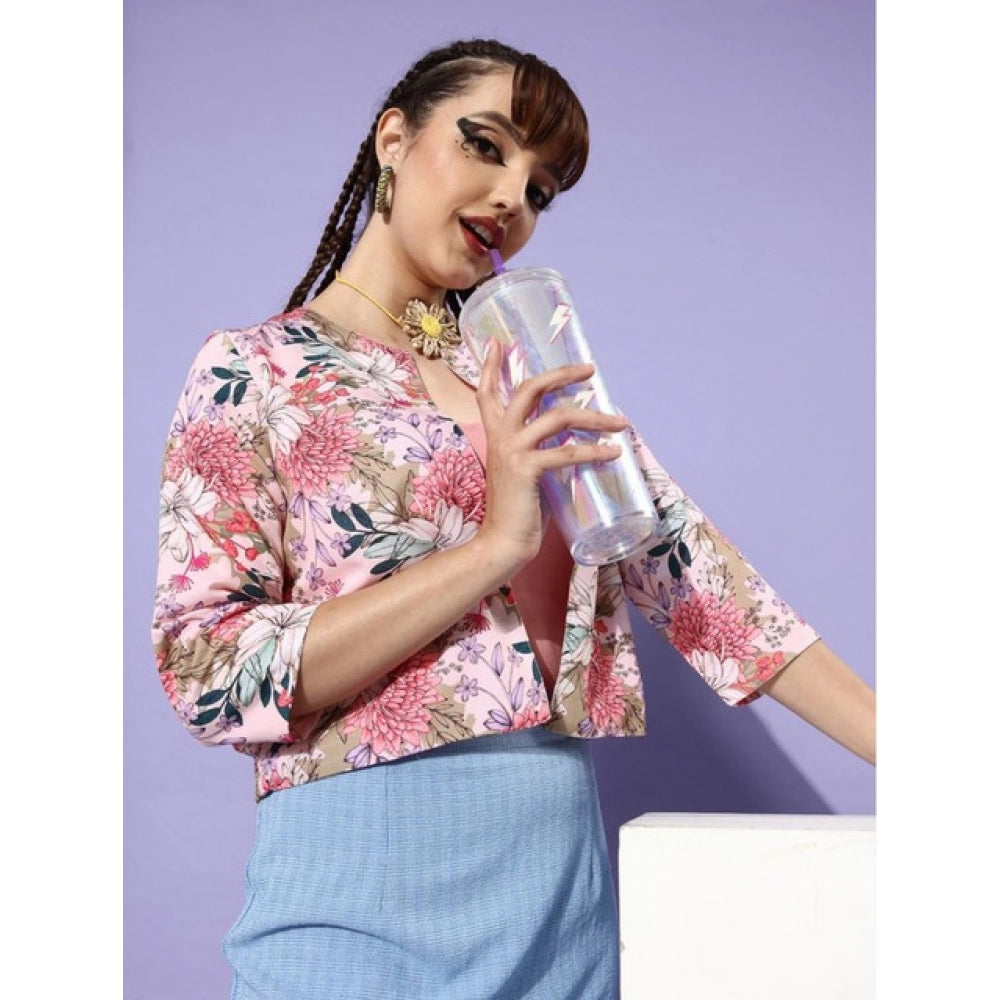 Women's Polyester Floral 3-4th Sleeves Shrug (Peach)