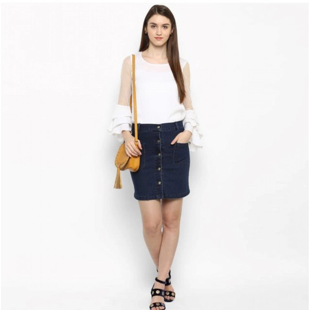 Women's Denim Front Button Buttoned Skirt (Blue)