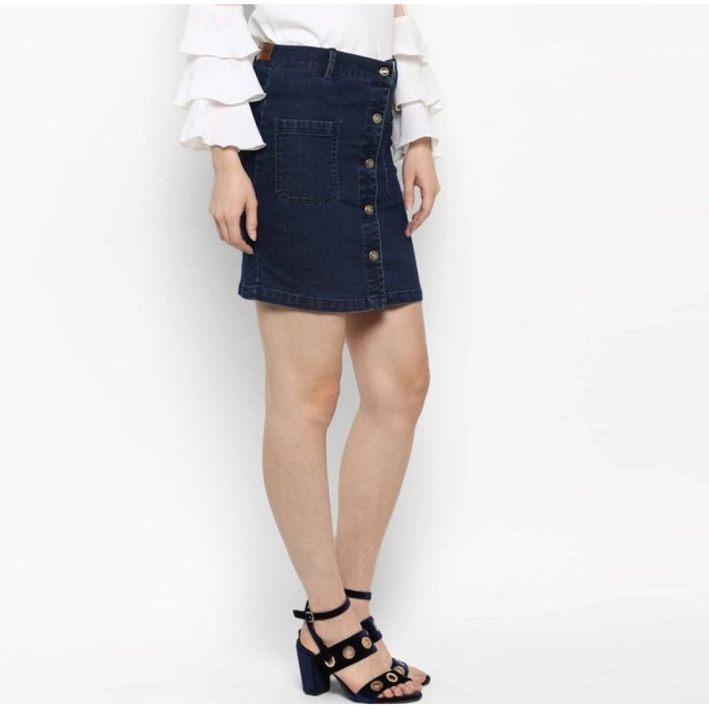 Women's Denim Front Button Buttoned Skirt (Blue)